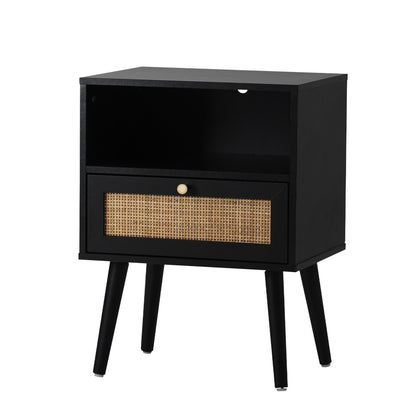 Oikiture Bedside Table Storage Drawer Shelf Rattan Black-BedSide Tabless-PEROZ Accessories