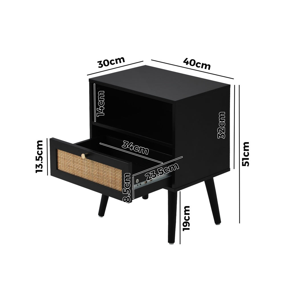 Oikiture Bedside Table Storage Drawer Shelf Rattan Black-BedSide Tabless-PEROZ Accessories
