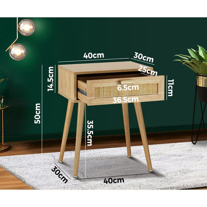 Oikiture Bedside Table Drawers Bedroom Wood Cabinet Nightstand Rattan Furniture-Bedside Tables-PEROZ Accessories