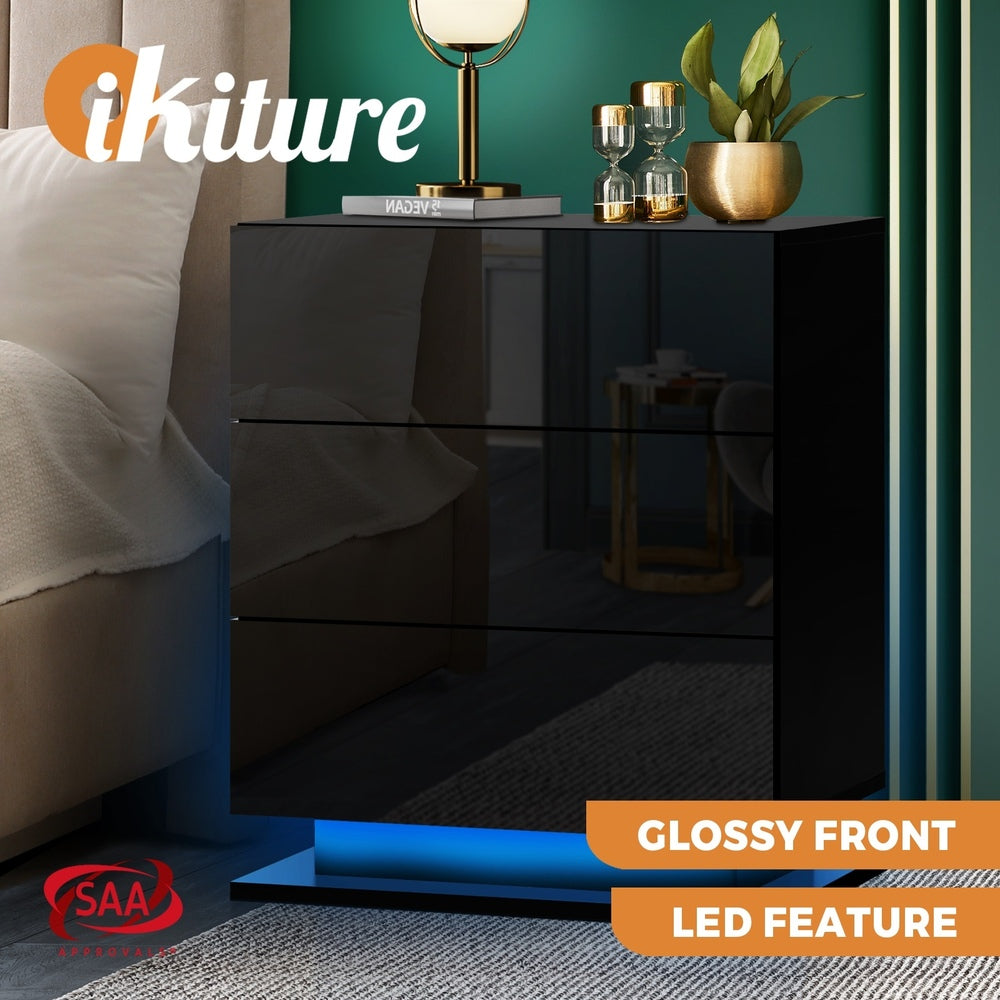 Oikiture Bedside Table RGB LED Nightstand Cabinet 3 Drawers Side Table Home Bedroom Furniture-Black-Bedside Tables-PEROZ Accessories