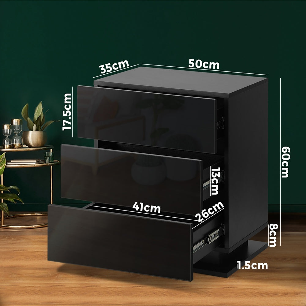 Oikiture Bedside Table RGB LED Nightstand Cabinet 3 Drawers Side Table Home Bedroom Furniture-Black-Bedside Tables-PEROZ Accessories