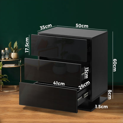 Oikiture Bedside Table RGB LED Nightstand Cabinet 3 Drawers Side Table Home Bedroom Furniture-Black-Bedside Tables-PEROZ Accessories