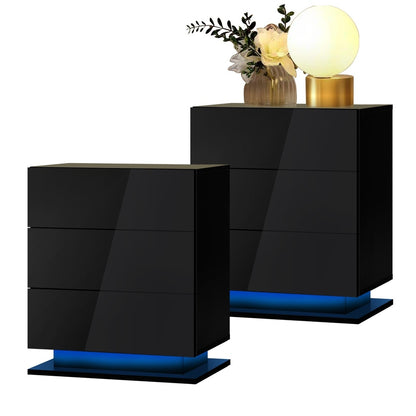 Oikiture Bedside Tables Set of 2 LED Nightstand 3 Drawers-Bedside Table-PEROZ Accessories