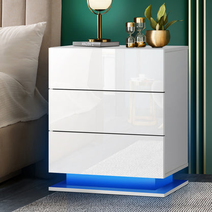 Oikiture Bedside Table RGB LED Nightstand Cabinet 3 Drawers Side Table Furniture-Bedside Tables-PEROZ Accessories
