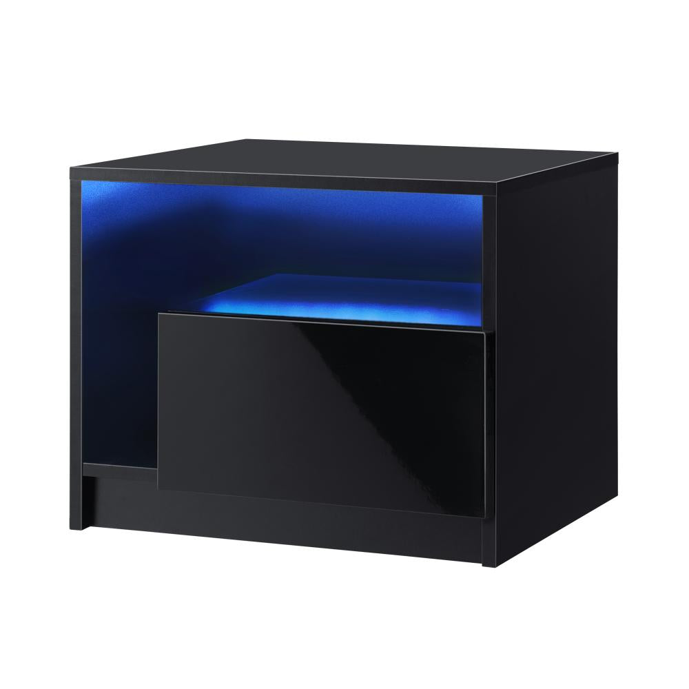 Oikiture Bedside Tables RGB LED Side Table Drawers High Gloss Nightstand Black-Bedside Tables-PEROZ Accessories