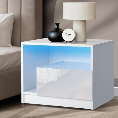 Oikiture Bedside Tables Side Table RGB LED Drawers High Gloss Furniture White-Bedside Tables-PEROZ Accessories