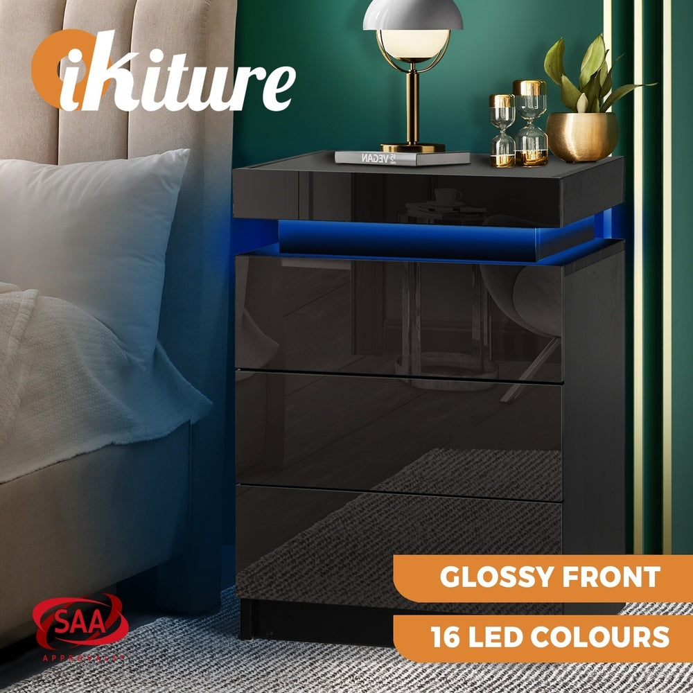 Oikiture Bedside Table RGB LED Nightstand Cabinet 3 Drawers Side Table Furniture Black-Bedside Tables-PEROZ Accessories