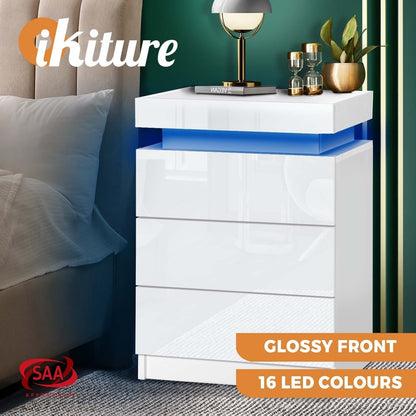 Oikiture Bedside Table RGB LED Nightstand Cabinet 3 Drawers Side Table Furniture White-Bedside Tables-PEROZ Accessories