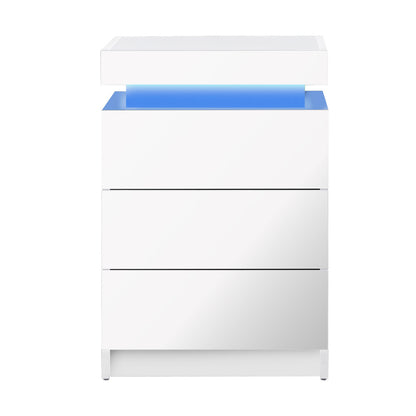 Oikiture Bedside Table RGB LED Nightstand Cabinet 3 Drawers Side Table Furniture White-Bedside Tables-PEROZ Accessories
