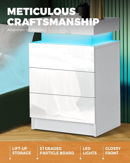 Oikiture Bedside Tables Set of 2 LED Nightstand White-Bedside Table-PEROZ Accessories