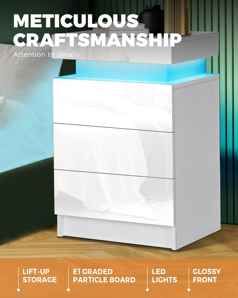 Oikiture Bedside Tables Set of 2 LED Nightstand White-Bedside Table-PEROZ Accessories