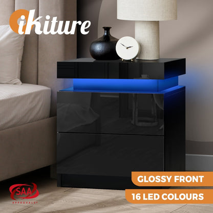 Oikiture Bedside Table RGB LED Nightstand Cabinet 2 Drawers Side Table Furniture Black-Bedside Tables-PEROZ Accessories