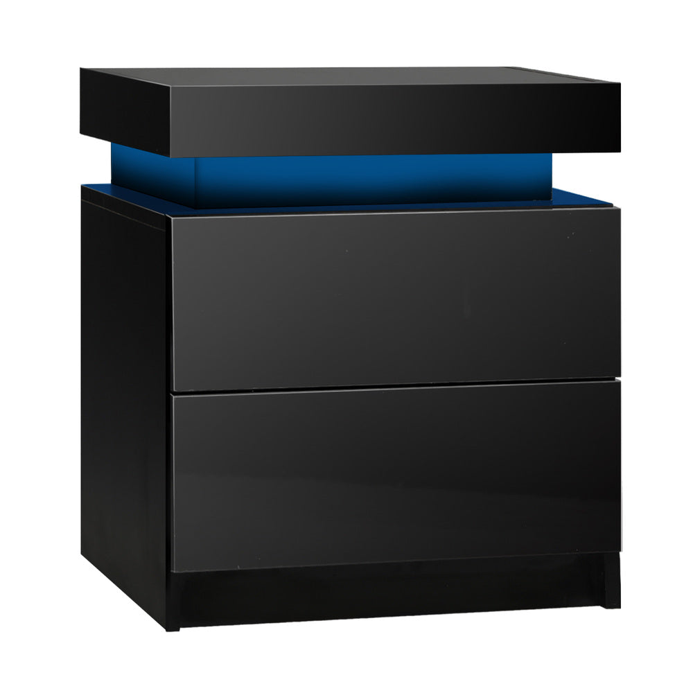 Oikiture Bedside Table RGB LED Nightstand Cabinet 2 Drawers Side Table Furniture Black-Bedside Tables-PEROZ Accessories