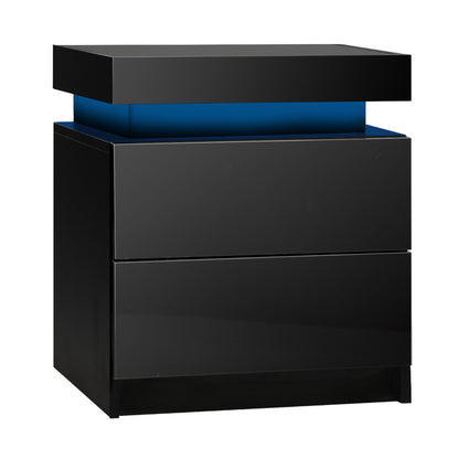 Oikiture Bedside Table RGB LED Nightstand Cabinet 2 Drawers Side Table Furniture Black-Bedside Tables-PEROZ Accessories