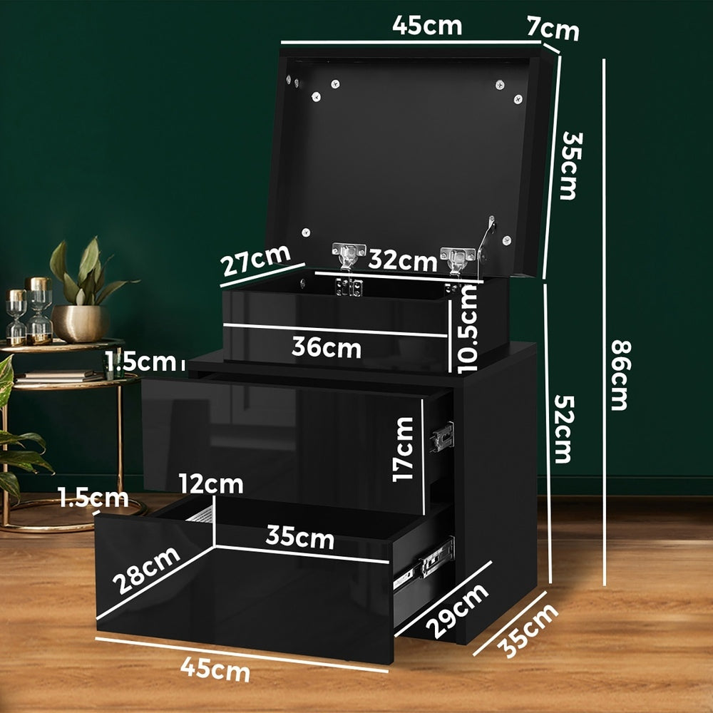 Oikiture Bedside Table RGB LED Nightstand Cabinet 2 Drawers Side Table Furniture Black-Bedside Tables-PEROZ Accessories