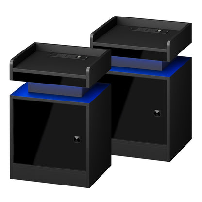 Oikiture 2x LED Bedside Table USB Charging Station Black-Bedside Tables-PEROZ Accessories