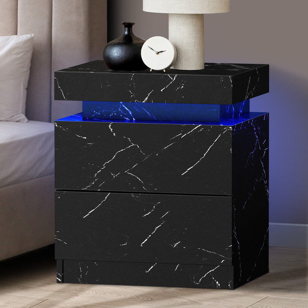 Oikiture Bedside Table 2 Drawers LED Nightstand Marble Effect Black-Bedside Table-PEROZ Accessories