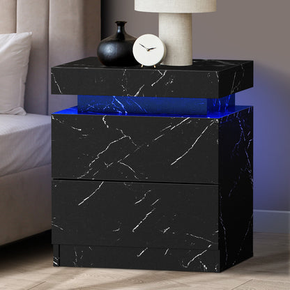 Oikiture Bedside Table 2 Drawers LED Nightstand Marble Effect Black-Bedside Table-PEROZ Accessories