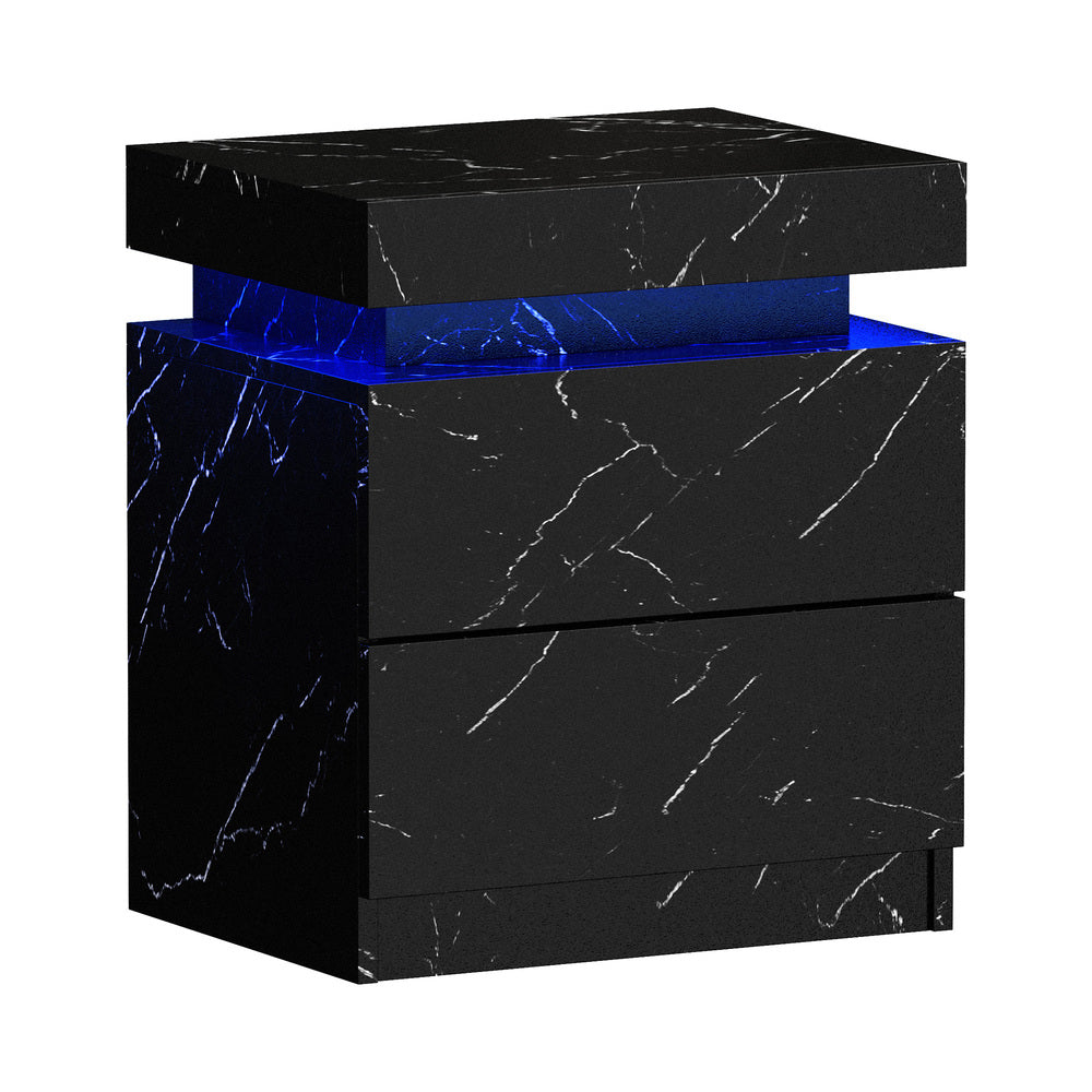 Oikiture Bedside Table 2 Drawers LED Nightstand Marble Effect Black-Bedside Table-PEROZ Accessories