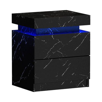 Oikiture Bedside Table 2 Drawers LED Nightstand Marble Effect Black-Bedside Table-PEROZ Accessories