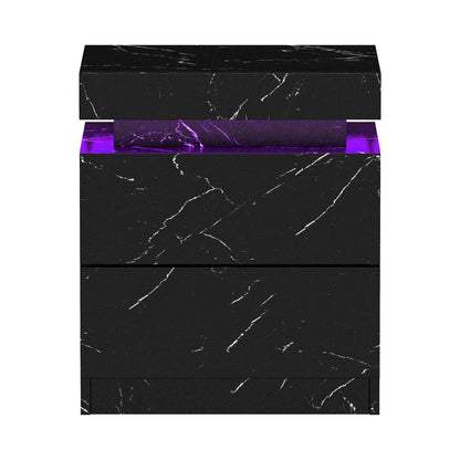 Oikiture Bedside Table 2 Drawers LED Nightstand Marble Effect Black-Bedside Table-PEROZ Accessories