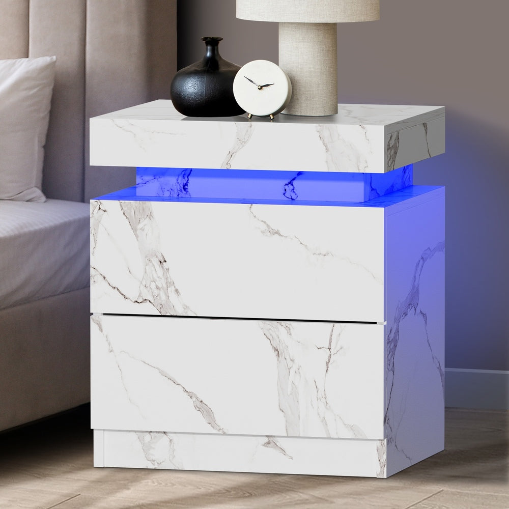 Oikiture Bedside Table 2 Drawers LED Nightstand Marble Effect White-Bedside Table-PEROZ Accessories