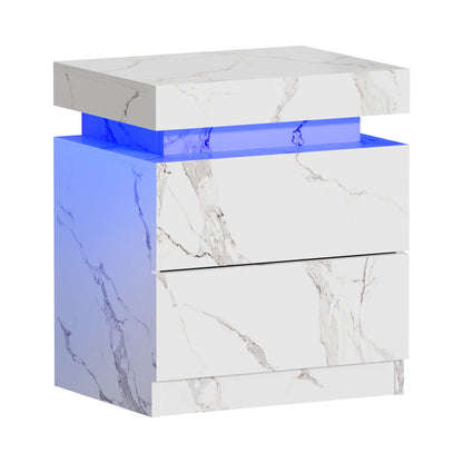 Oikiture Bedside Table 2 Drawers LED Nightstand Marble Effect White-Bedside Table-PEROZ Accessories
