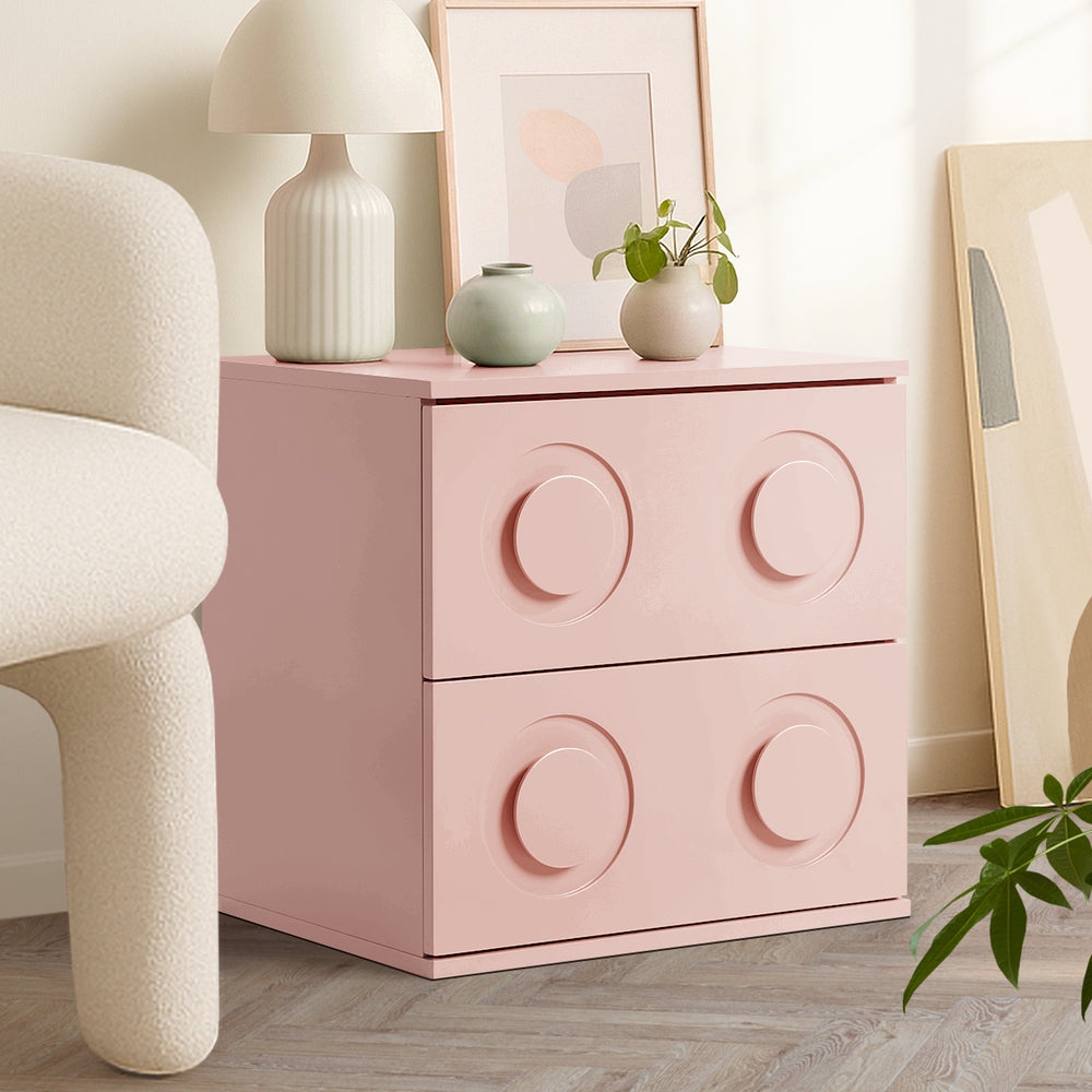 Oikiture Bedside Table 2 Drawers Nightstand Side Storage Cabinet Pink-Bedside Table-PEROZ Accessories
