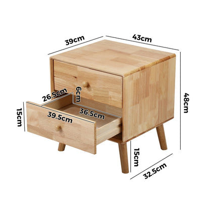 Oikiture Set of 2 Bedside Tables 2 Drawers Side Tables Rubber Wood-Bedside Table-PEROZ Accessories