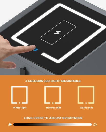 Oikiture 2x Smart Bedside Tables Wireless Charging LED 2 Drawers Grey-Bedside Table-PEROZ Accessories