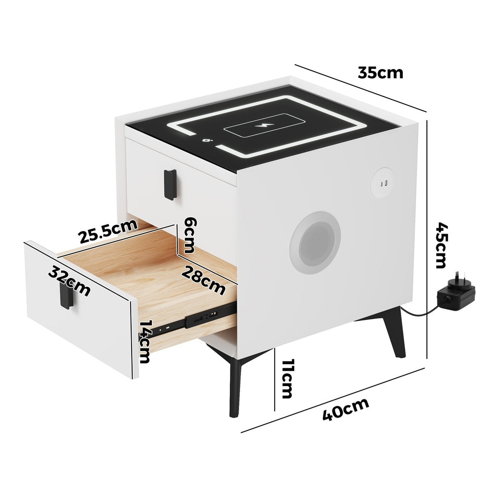 Oikiture Smart Bedside Table Wireless Charging LED 2 Drawers White-Bedside Table-PEROZ Accessories