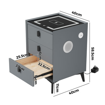 Oikiture 2x Smart Bedside Tables Wireless Charging LED 3 Drawers Grey-Bedside Table-PEROZ Accessories