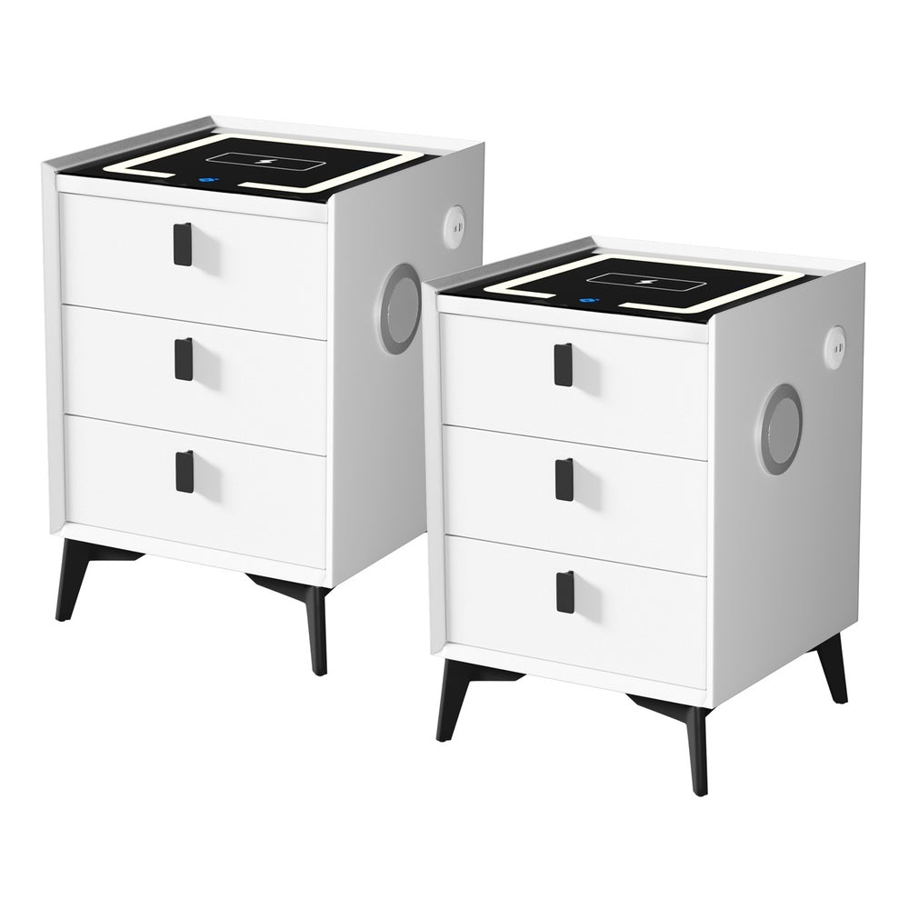 Oikiture 2x Smart Bedside Tables Wireless Charging LED 3 Drawers White-Bedside Table-PEROZ Accessories