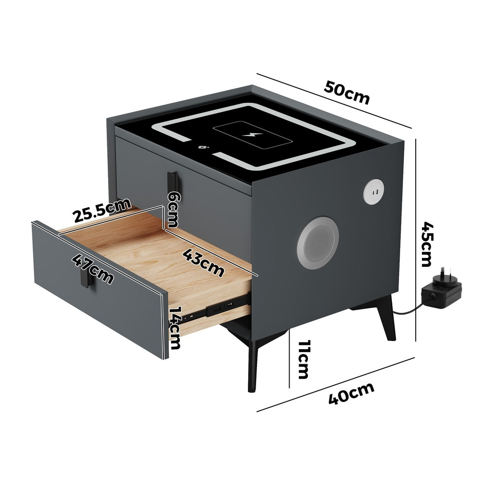 Oikiture Smart Bedside Table Wireless Charging LED 2 Drawers Grey-Bedside Table-PEROZ Accessories