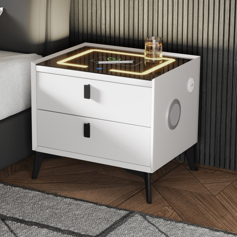 Oikiture Smart Bedside Table LED Wireless Charging 2 Drawers White-Bedside Table-PEROZ Accessories