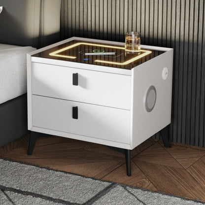 Oikiture Smart Bedside Table LED Wireless Charging 2 Drawers White-Bedside Table-PEROZ Accessories