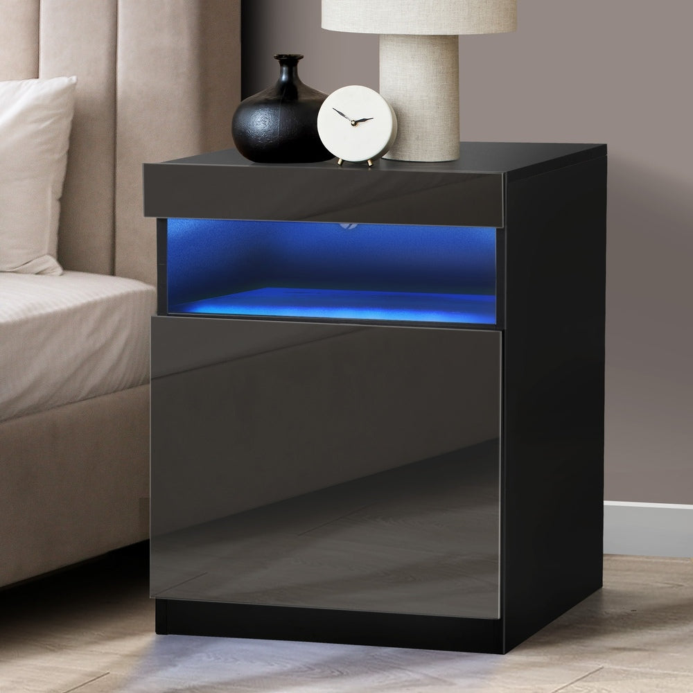 Oikiture Bedside Table LED Nightstand Shelf Black-Bedside Table-PEROZ Accessories