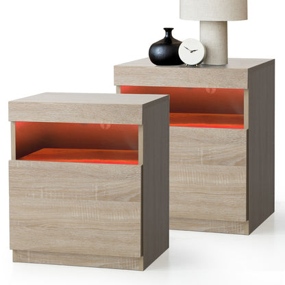 Oikiture Bedside Tables Set of 2 LED Nightstand Shelf Natural-Bedside Table-PEROZ Accessories