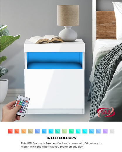 Oikiture Bedside Table LED Shelf High-gloss Front White-Bedside Table-PEROZ Accessories