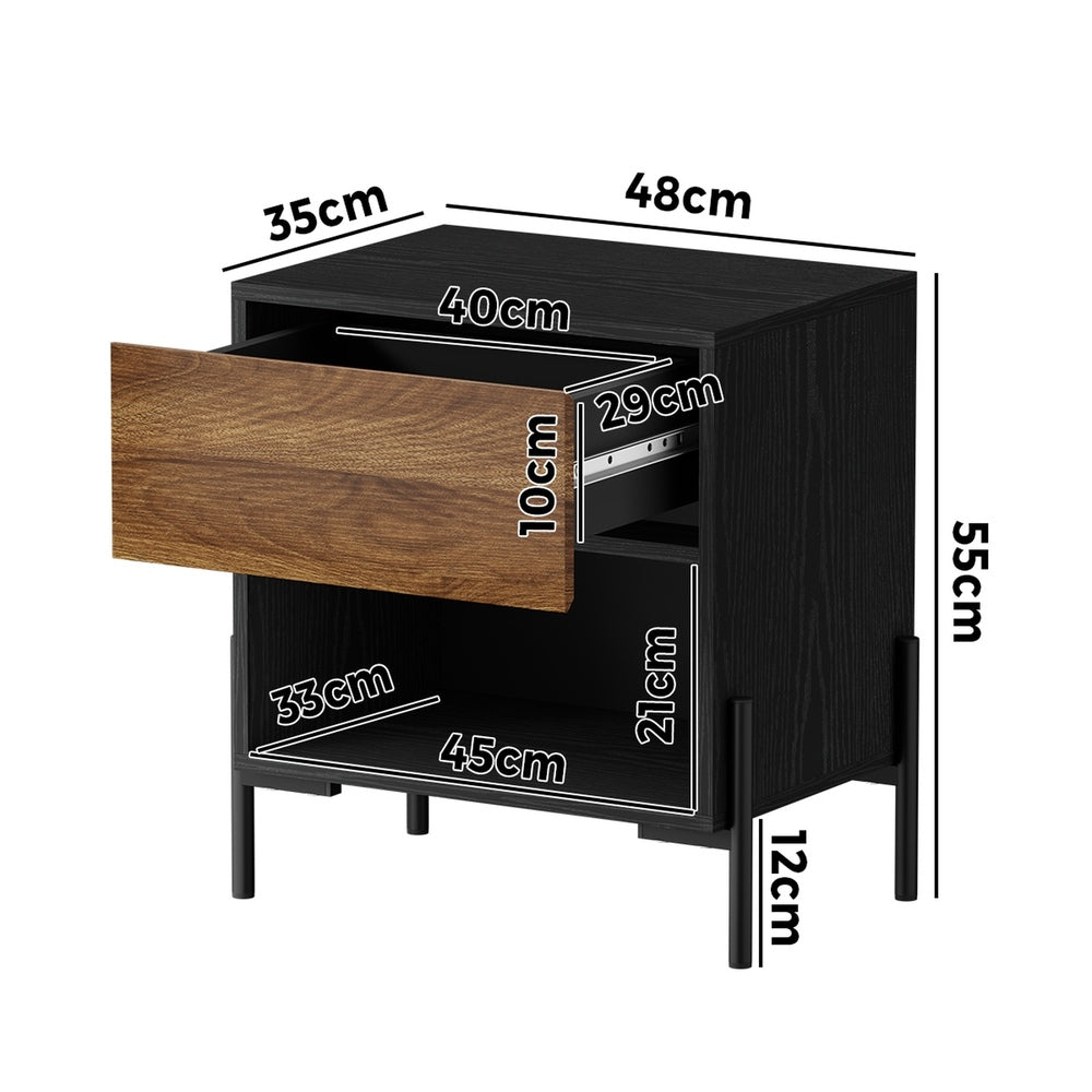 Oikiture Bedside Table Drawer Nightstand Storage Walnut and Black-Bedside Table-PEROZ Accessories