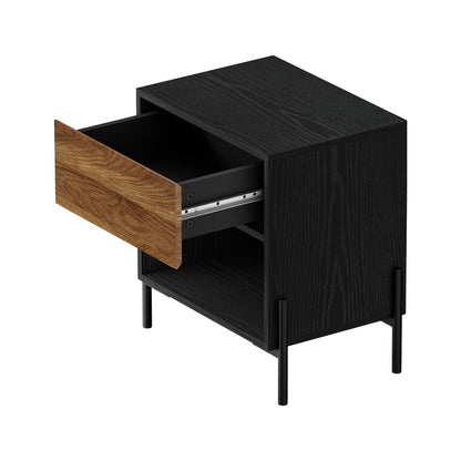 Oikiture Bedside Table Drawer Nightstand Storage Walnut and Black-Bedside Table-PEROZ Accessories