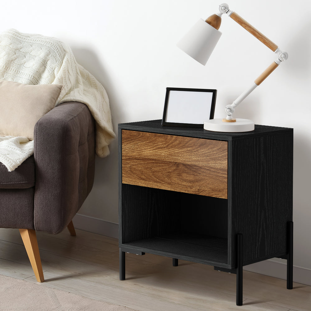 Oikiture Bedside Table Drawer Nightstand Storage Walnut and Black-Bedside Table-PEROZ Accessories