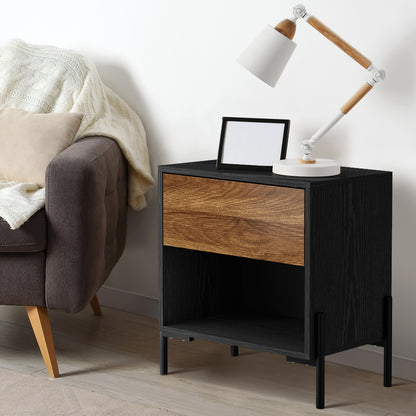Oikiture Bedside Table Drawer Nightstand Storage Walnut and Black-Bedside Table-PEROZ Accessories