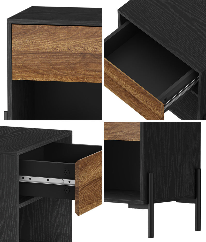 Oikiture Bedside Table Drawer Nightstand Storage Walnut and Black-Bedside Table-PEROZ Accessories