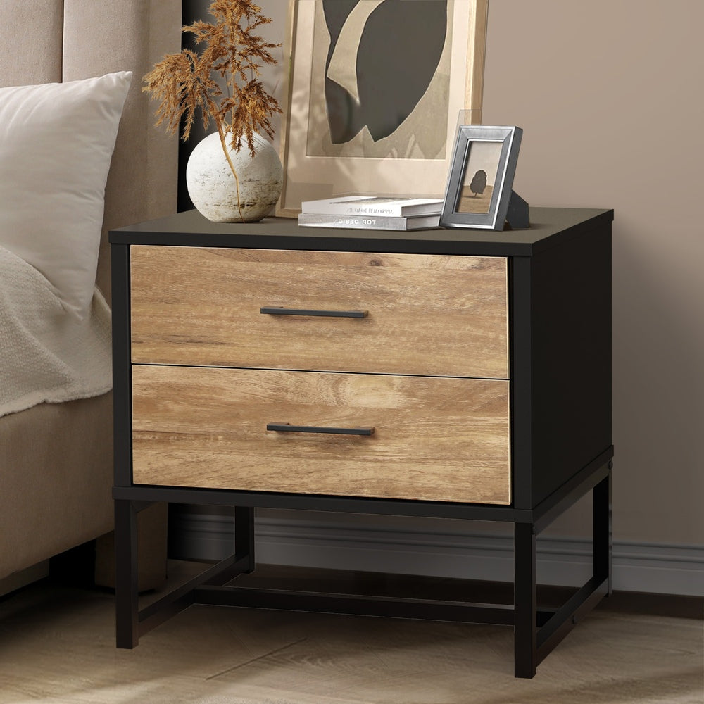 Oikiture Bedside Table 2 Drawers Storage Metal Industrial-Bedside Table-PEROZ Accessories