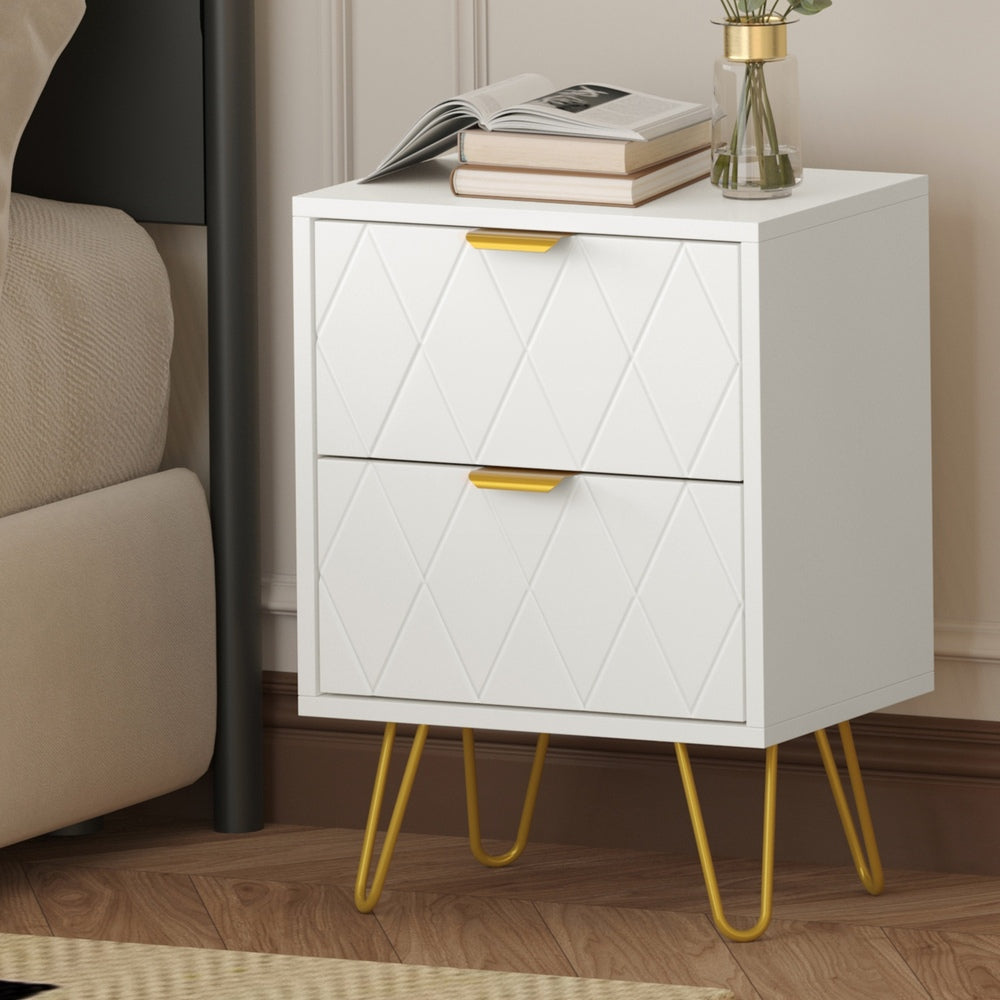 Oikiture Bedside Table 2 Drawers Gold Metal Nightstand White-Bedside Table-PEROZ Accessories
