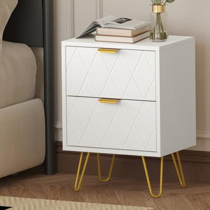Oikiture Bedside Table 2 Drawers Gold Metal Nightstand White-Bedside Table-PEROZ Accessories