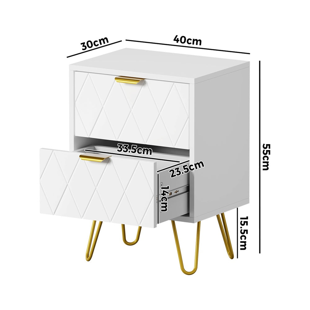 Oikiture Bedside Table 2 Drawers Gold Metal Nightstand White-Bedside Table-PEROZ Accessories