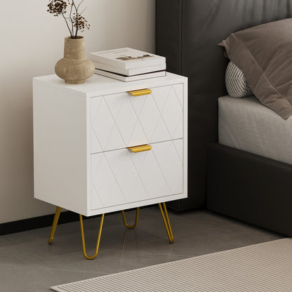 Oikiture Bedside Table 2 Drawers Gold Metal Nightstand White-Bedside Table-PEROZ Accessories