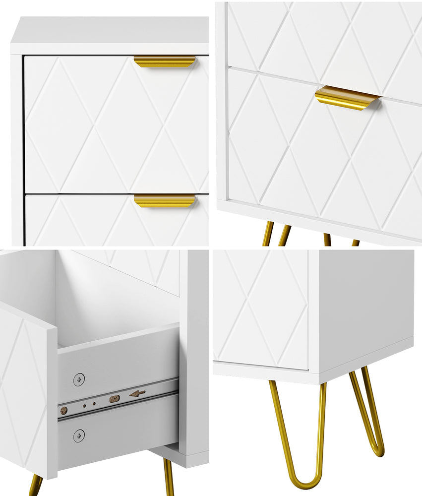 Oikiture Bedside Table 2 Drawers Gold Metal Nightstand White-Bedside Table-PEROZ Accessories